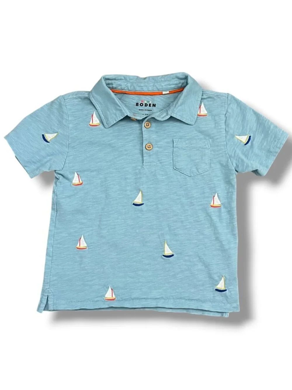 Mini Boden Blue Short Sleeve Polo with Embroidered Sailboats Size 4-5Y